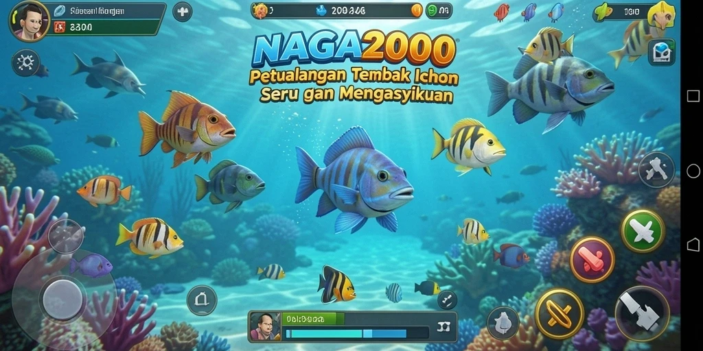 Screenshot gameplay NAGA2000 menampilkan kebisingan di lautan dengan ikan yang berwarna-warni.